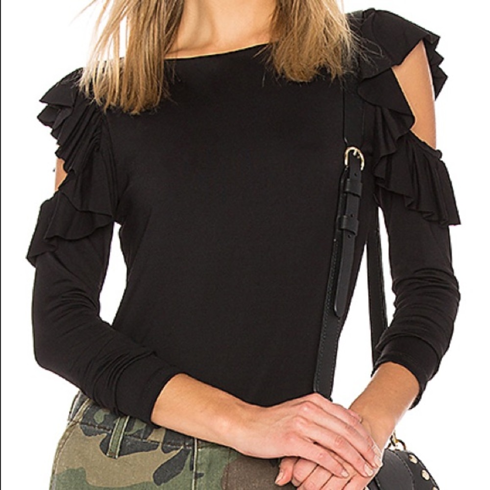 Black Susana Monaco Ruffled Cold Shoulder Top.